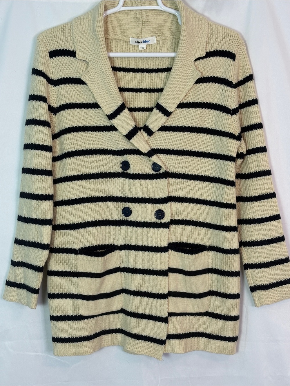 Aliceblue Cream and Black Striped Double-Breasted Shawl Cardigan Blazer Size L